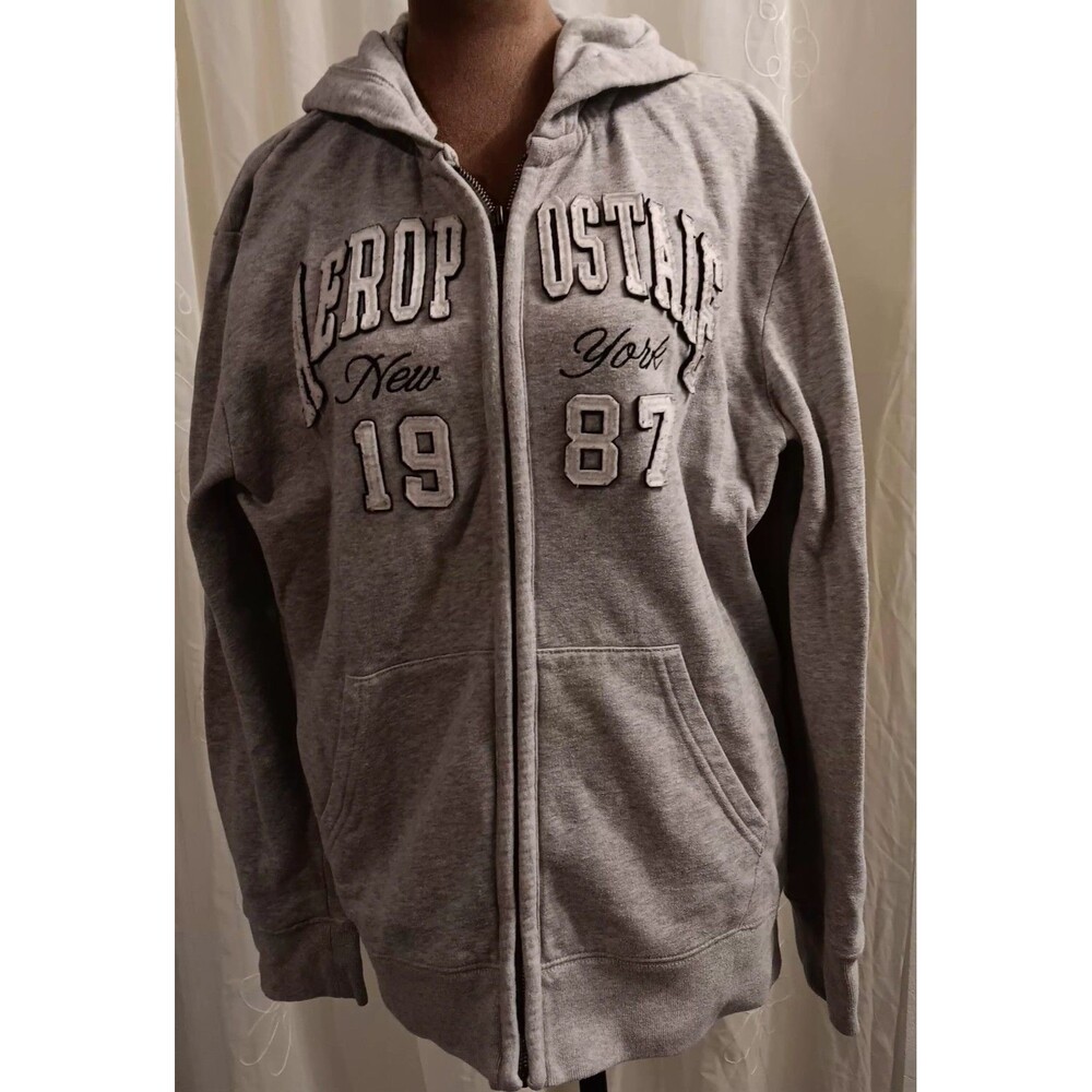 Men Medium Aeropostal Zip Hoodie Gray Preppy Grunge Streetwear Raised Lettering
